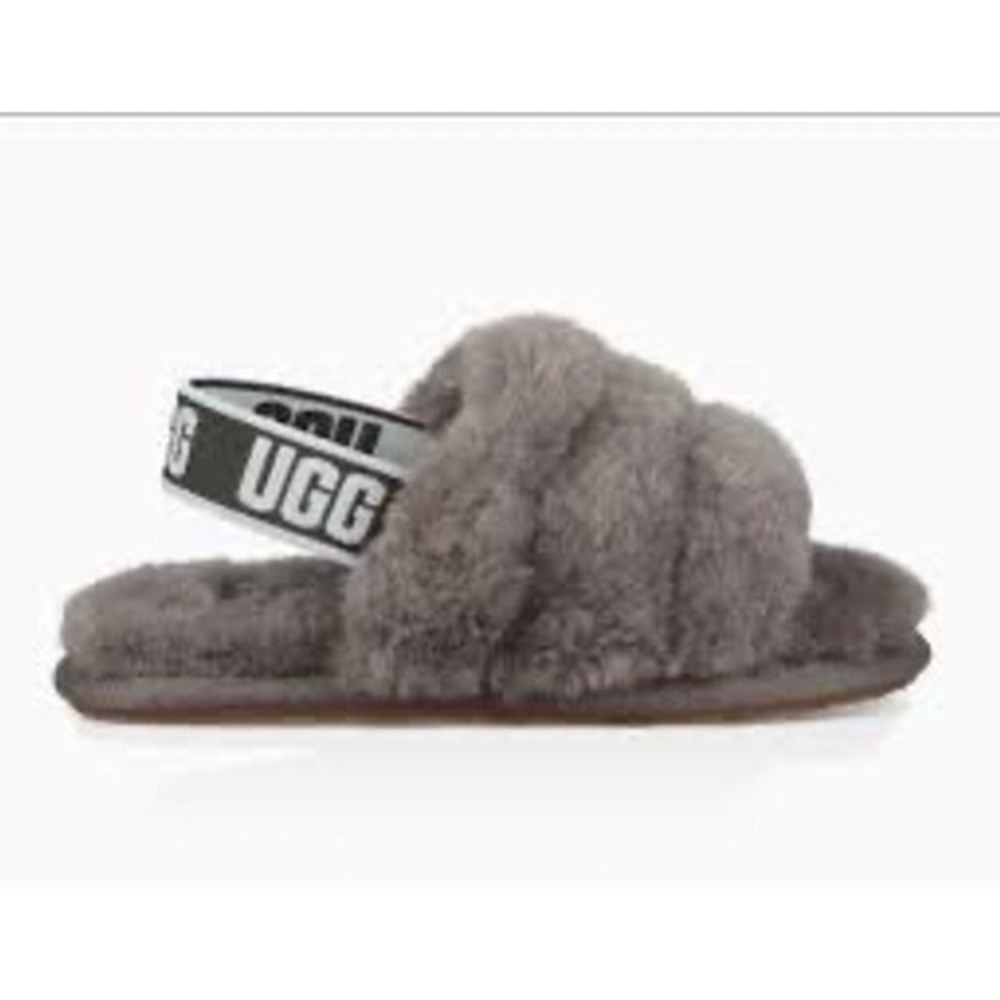 UGG Fluff Yeah Charcoal Gray Sheepskin Slide Sandals Kids Size 6 S/N 1098575T